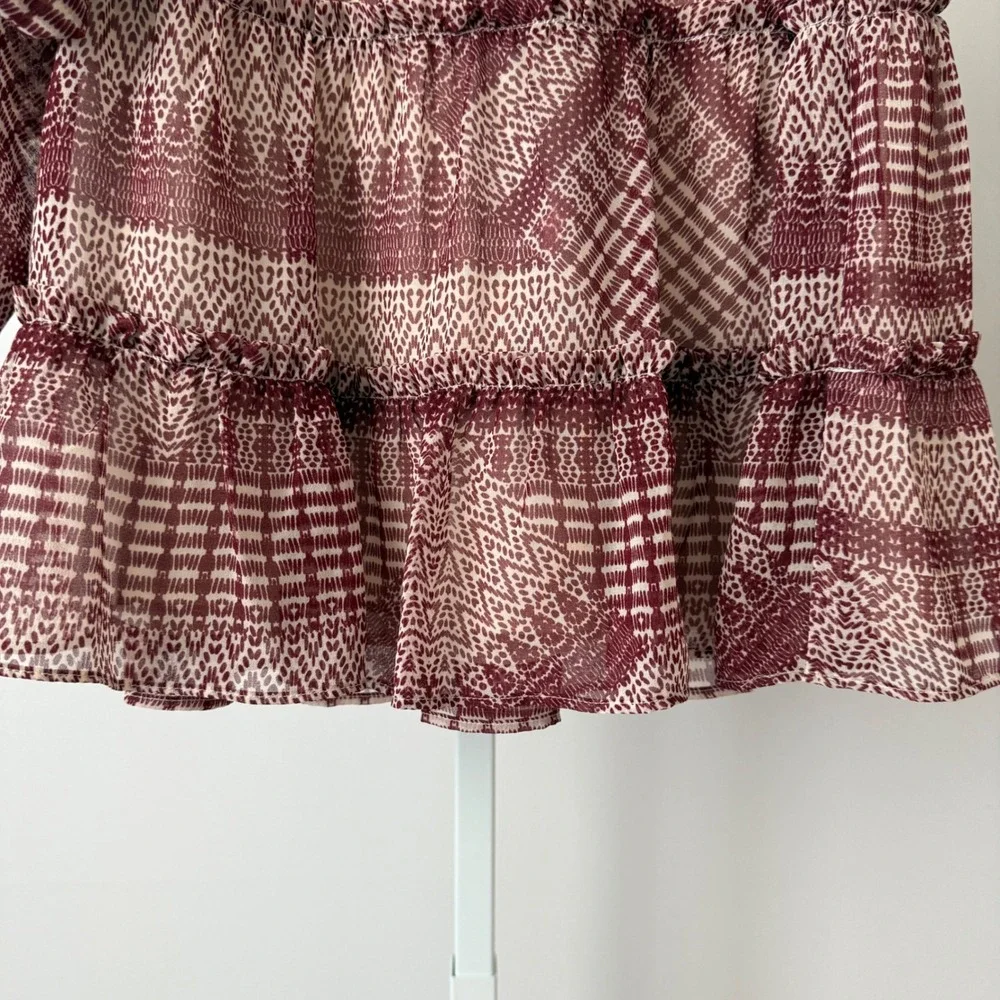 Rebecca Minkoff sz 0 Cheryl Skirt Boho Red Cream Tiered Ruffle‎ Wrap Mini Skirt